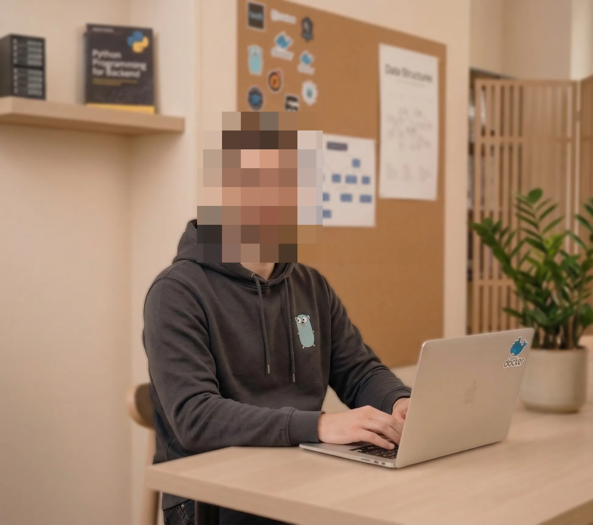 Avatar del agente backend con estética tecnológica e identidad visual sintética.