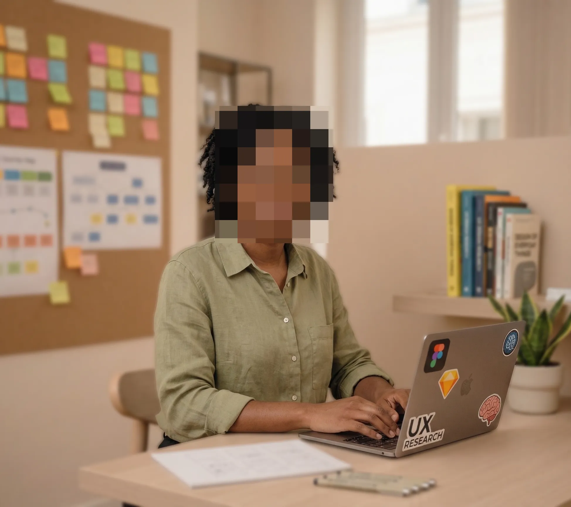 Avatar del agente UI y UX con estética tecnológica e identidad visual sintética.